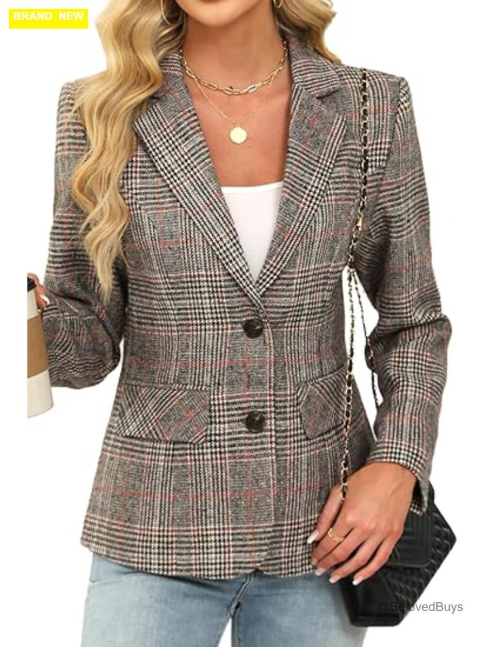 Houndstooth Plaid 2 Button Blazer Jacket Notch Lapel Long Sleeve Office Blazer